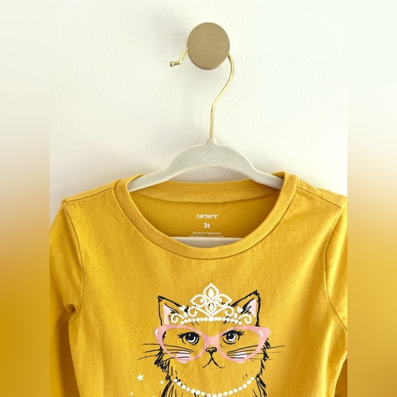 Carter's Kids Mustard Color Cat Princess Long Sleeve “Purrfect” Tee Girls 3T - Picture 3 of 4